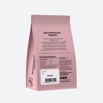 Back view of Rafa Treats freeze-dried beef liver 90g pouch, displaying nutritional information, ingredients, and barcode.