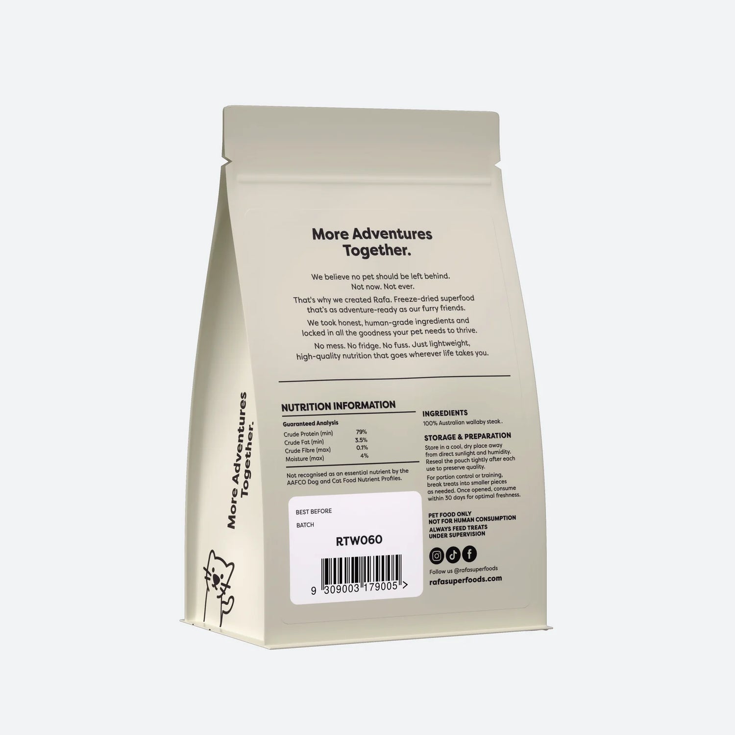 Back packaging of Rafa Raw Freeze-Dried Wallaby Steak (60g). Displays 100% Australian wallaby steak ingredients and a guaranteed analysis of 79% minimum crude protein and 3.5% crude fat.