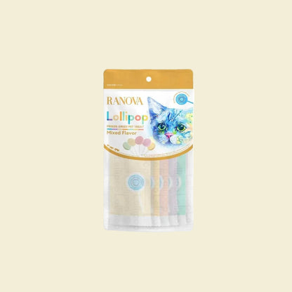 Front packaging of the RANOVA Freeze-Dried Cat Lollipop treats, featuring a beautiful watercolor cat illustration and a clear bottom window displaying the five individually wrapped lollipops inside.