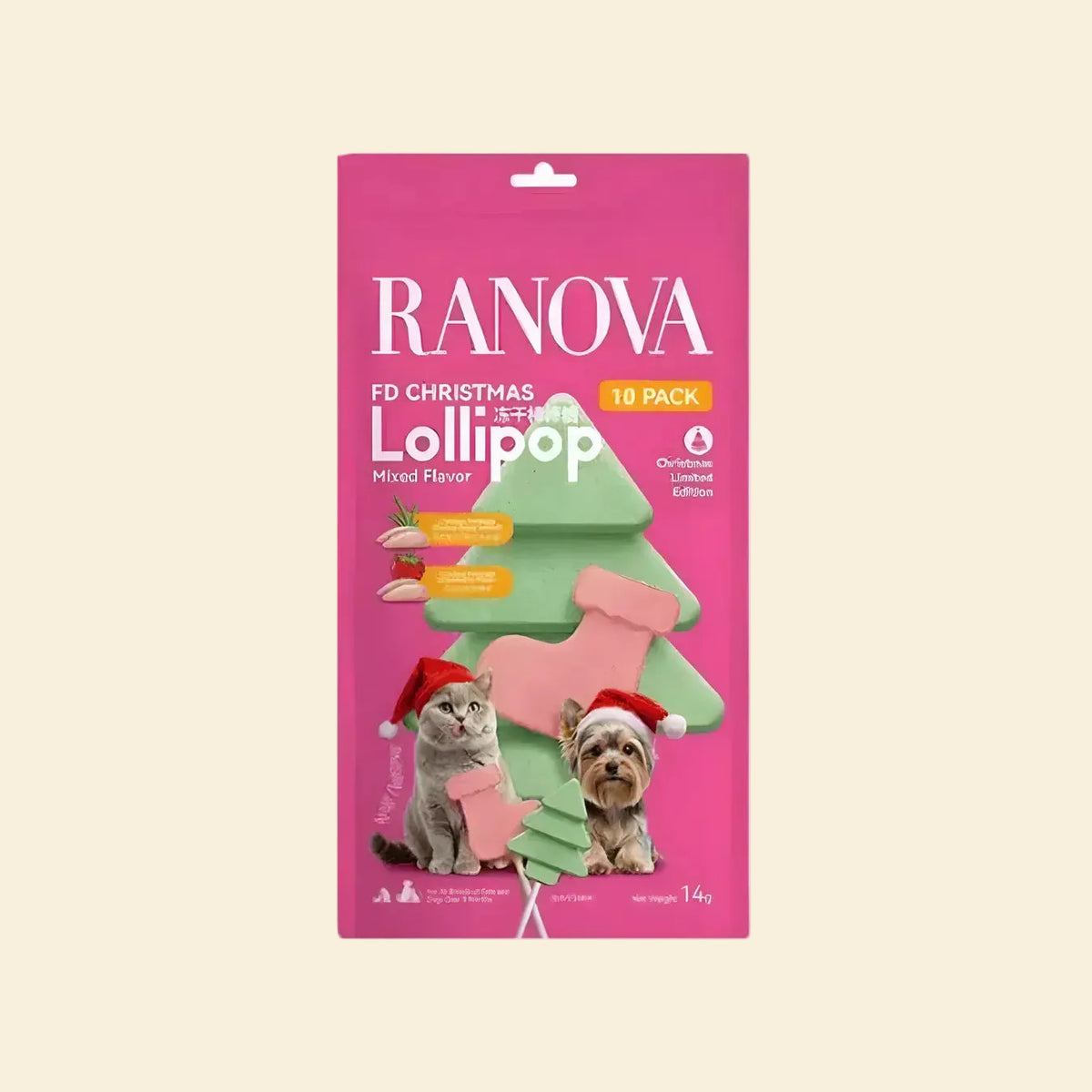 Front pack of RANOVA Christmas Limited Edition Freeze-Dried Lollipop Treats with ten mixed-flavour pieces for dogs and cats, 14g