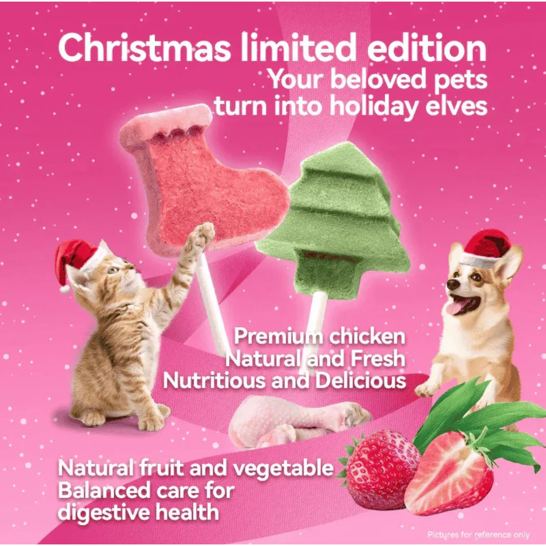 RANOVA Christmas freeze-dried lollipop treats shaped as a pink stocking and green tree with a kitten and dog