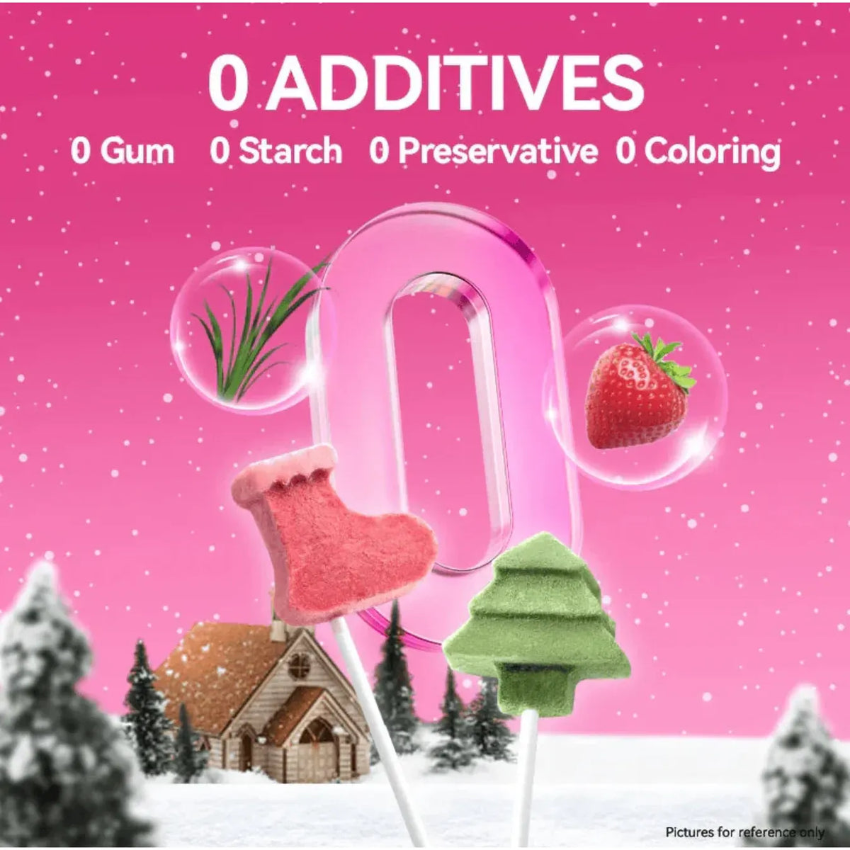 Pink Christmas product graphic showing RANOVA stocking and tree-shaped freeze-dried lollipop treats for dogs and cats