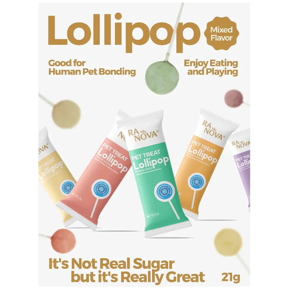 Promotional poster for RANOVA Freeze-Dried Cat Lollipop treats, featuring five colorful wrapped lollipops and text emphasizing "Good for Human Pet Bonding" and "It&