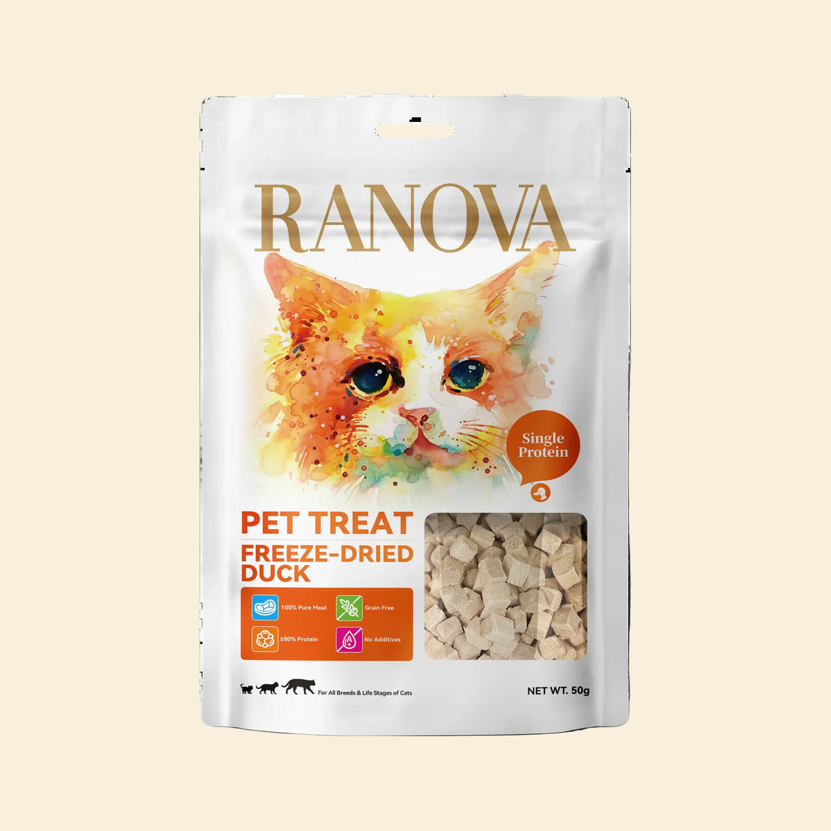 Front pack of RANOVA Freeze-Dried Duck Cubes for cats with visible bite-sized duck treats, 50g
