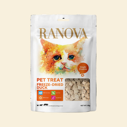 Front pack of RANOVA Freeze-Dried Duck Cubes for cats with visible bite-sized duck treats, 50g