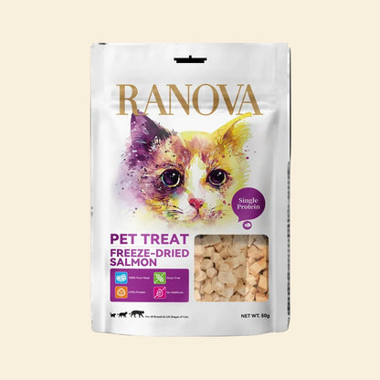 Front pack of RANOVA Freeze-Dried Salmon Cat Treats with visible bite-sized salmon cubes in a single-protein 50g bag