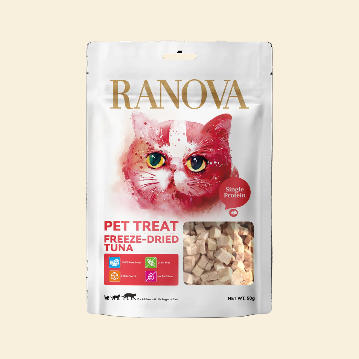 Front pack of RANOVA Freeze-Dried Tuna Cat Treats with visible bite-sized tuna cubes in a single-protein 50g bag