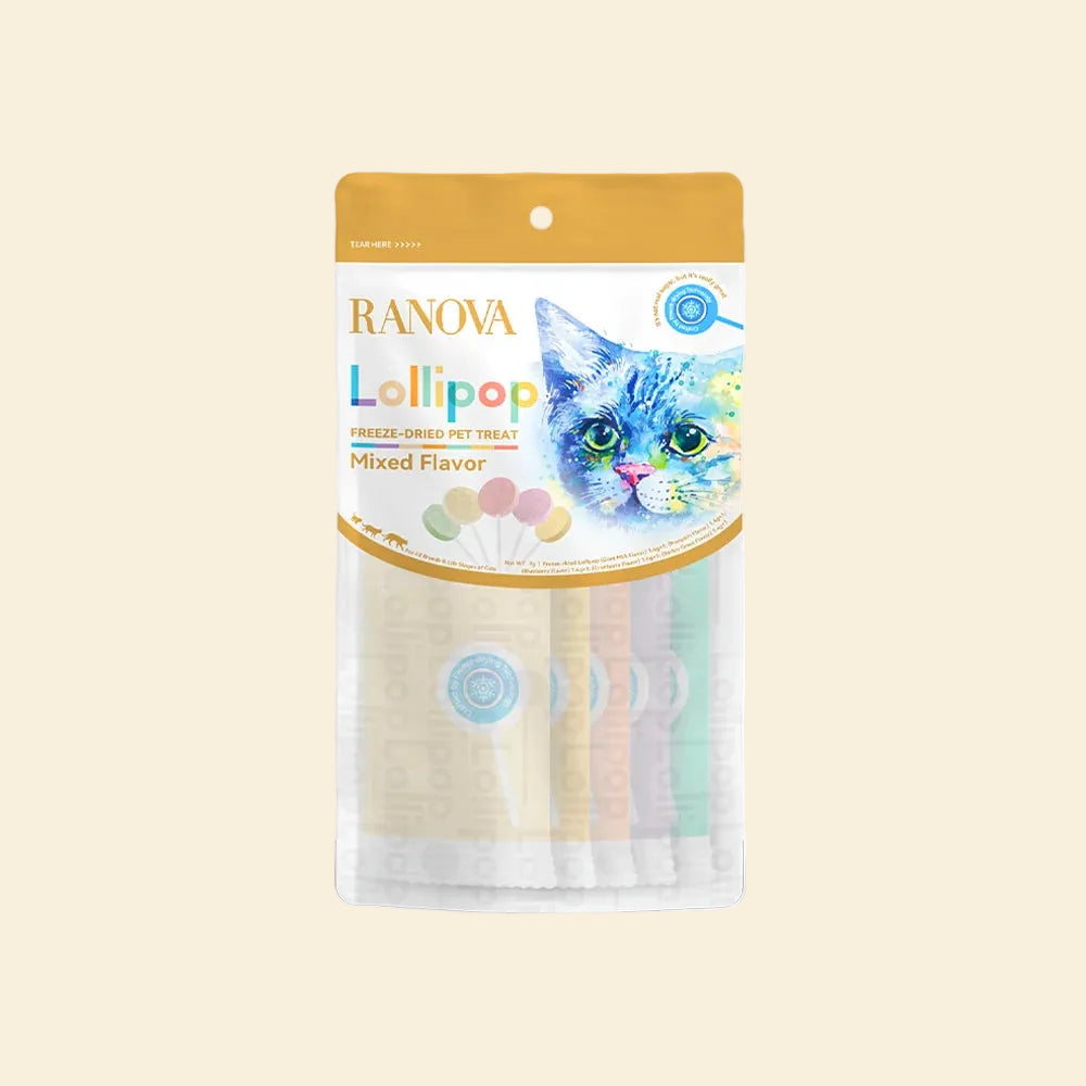 Front pack of RANOVA Lollipop Mixed Flavour Freeze-Dried Cat Treats with five colourful 1.4g treats
