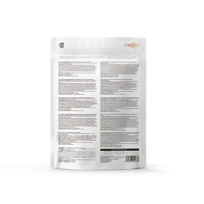 Back of RANOVA Waffles Mixed Flavour Freeze-Dried Cat Treats 60g showing ingredients, feeding guide and analytical constituents