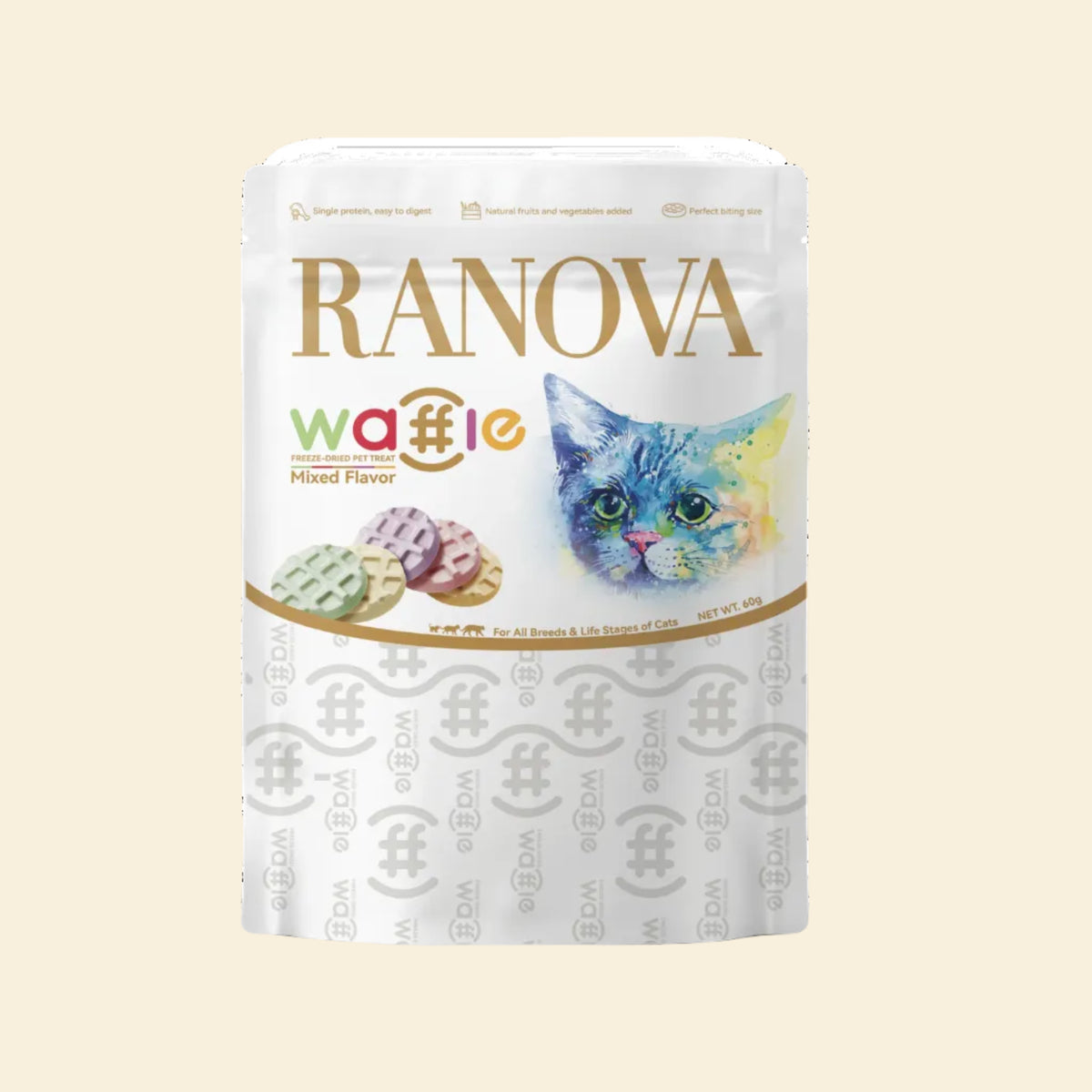 Front packaging of RANOVA Waffles Mixed Flavour Freeze-Dried Cat Treats 60g with five colourful waffle bites