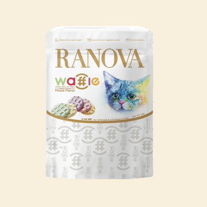 Front packaging of RANOVA Waffles Mixed Flavour Freeze-Dried Cat Treats 60g with five colourful waffle bites