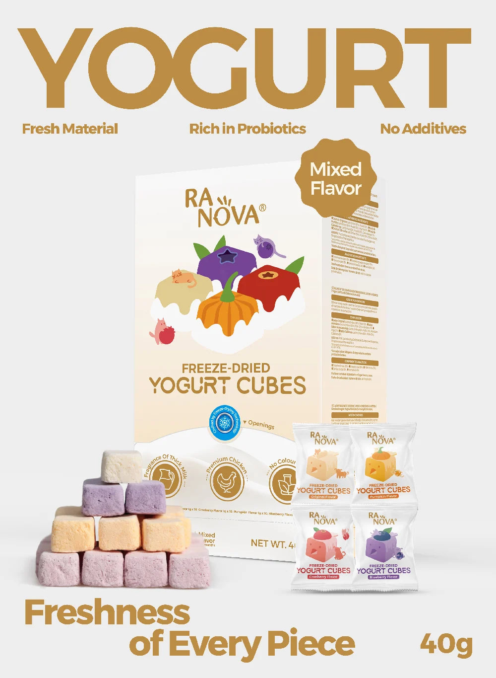 RANOVA Mixed Flavour Freeze-Dried Yogurt Cubes box with four flavour sachets and colourful cube treats, 40g
