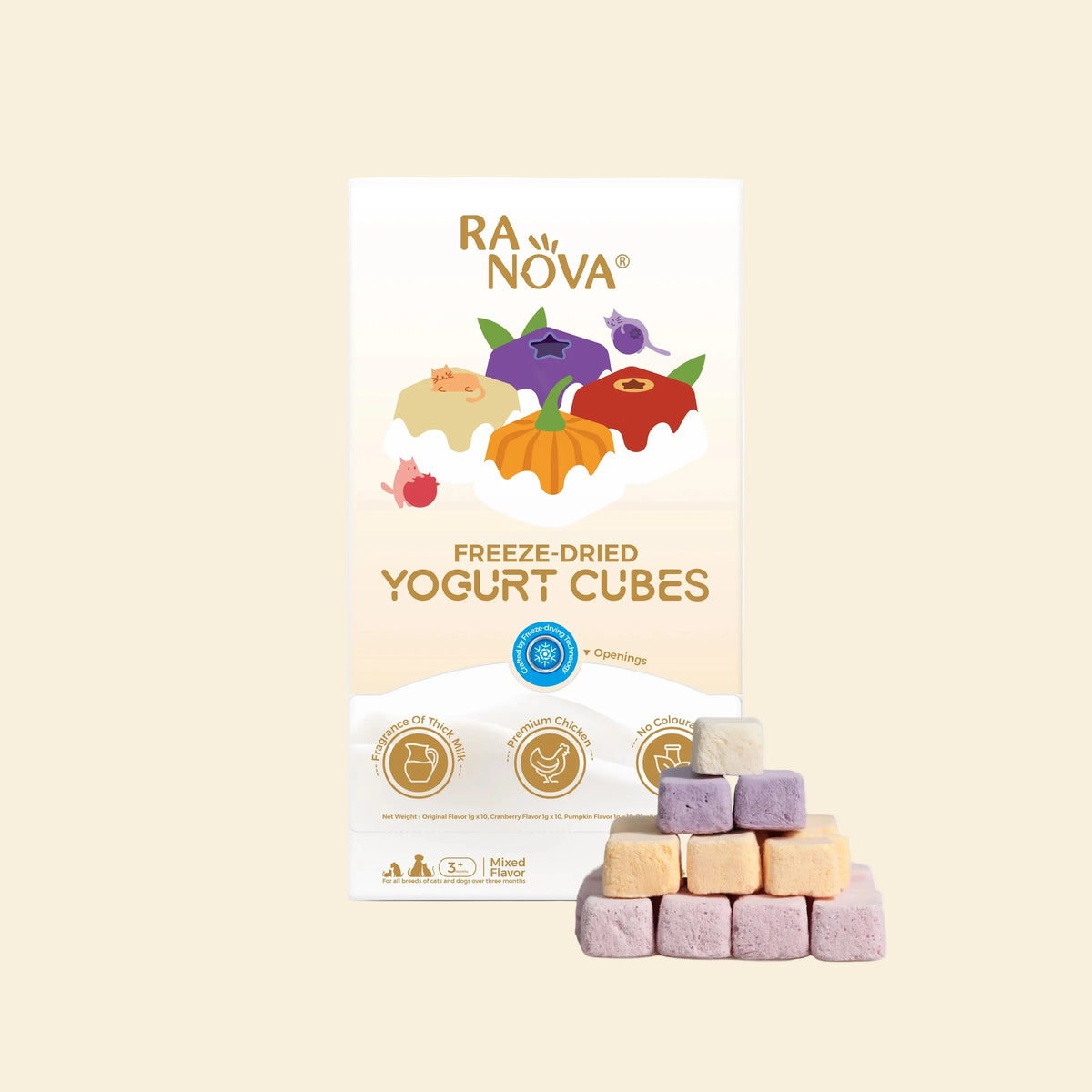 Front pack of RANOVA Mixed Flavour Freeze-Dried Yogurt Cubes with colourful cube treats for dogs and cats, 40g