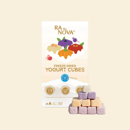 Front pack of RANOVA Mixed Flavour Freeze-Dried Yogurt Cubes with colourful cube treats for dogs and cats, 40g