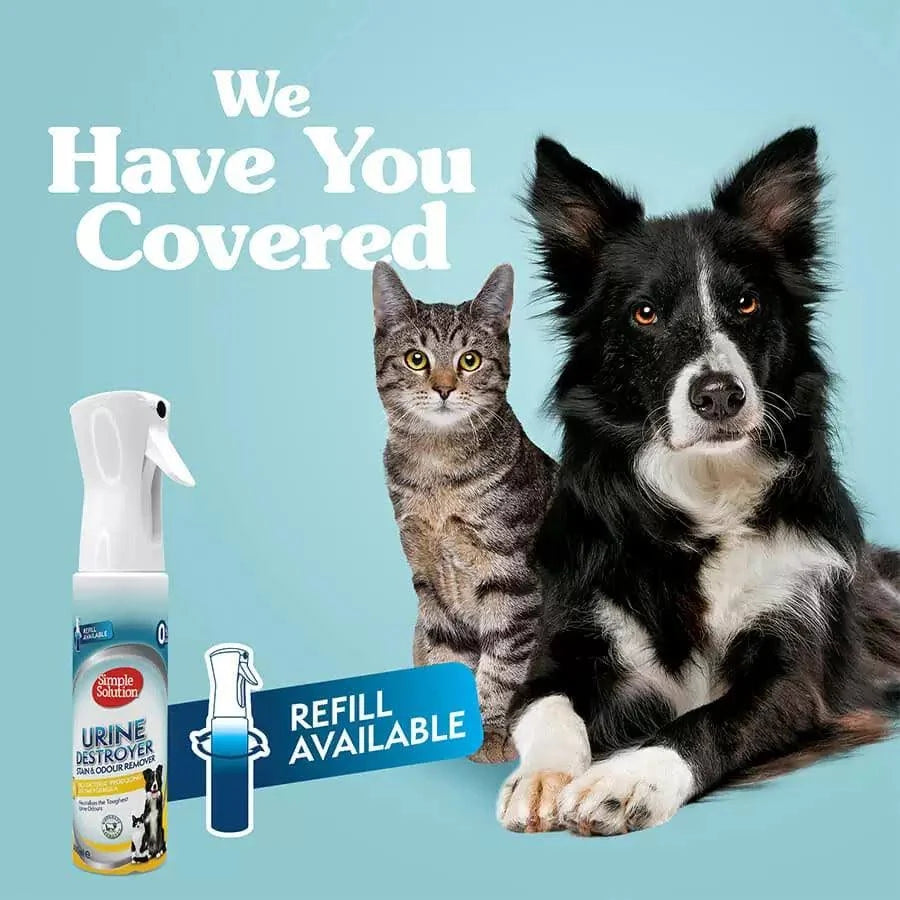 A tabby cat and a Border Collie dog sitting together against a light blue background next to the Simple Solution spray bottle, with text stating "We Have You Covered" and "Refill Available".
