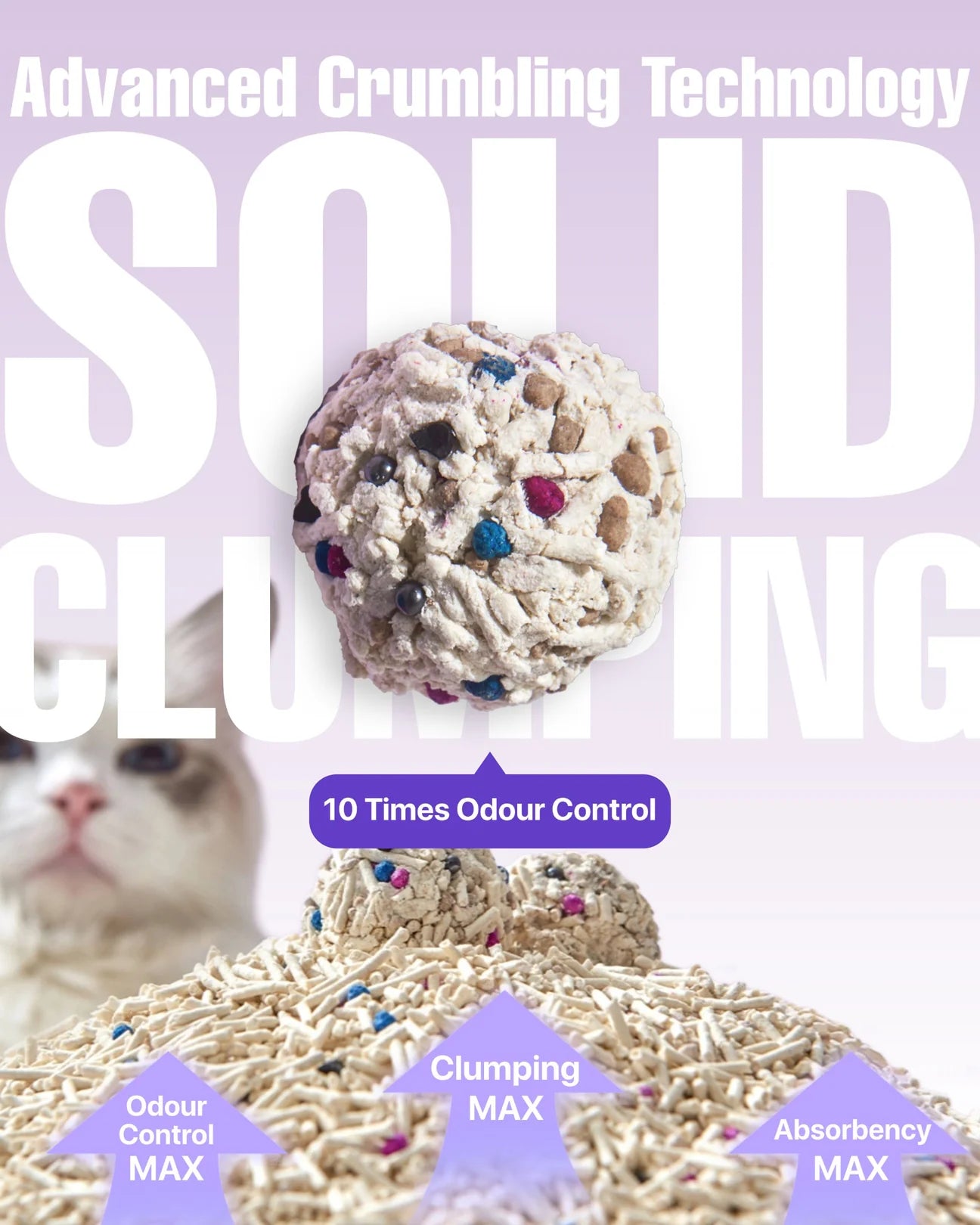 A close-up of a rock-solid clump formed by Michu Super-Mixed Tofu Cat Litter, showcasing its advanced crumbling technology for maximum clumping, absorbency, and 10x super odour control.