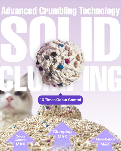 A close-up of a rock-solid clump formed by Michu Super-Mixed Tofu Cat Litter, showcasing its advanced crumbling technology for maximum clumping, absorbency, and 10x super odour control.