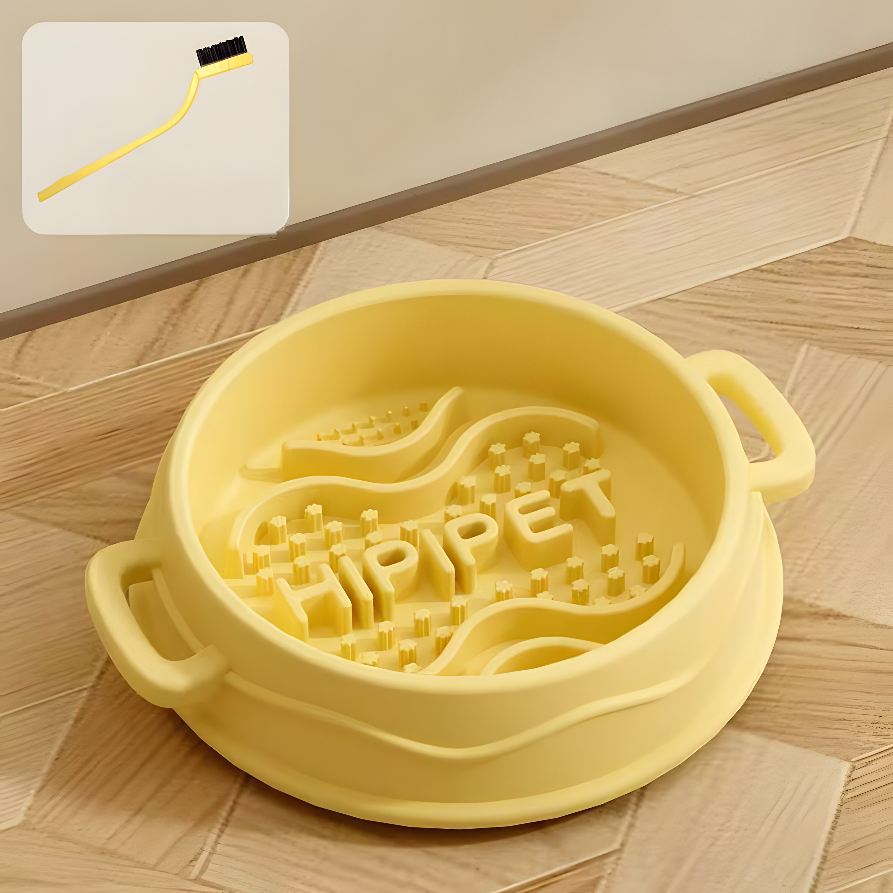 A Rock Yellow silicone slow feeder bowl placed on a wooden floor, with a graphic of a cleaning brush in the top left corner highlighting effortless maintenance.