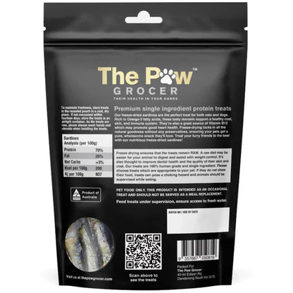 Back of packaging for The Paw Grocer Sardines showing 70% Protein and 26% Fat analysis. High Omega-3 content for pet joint and heart health.