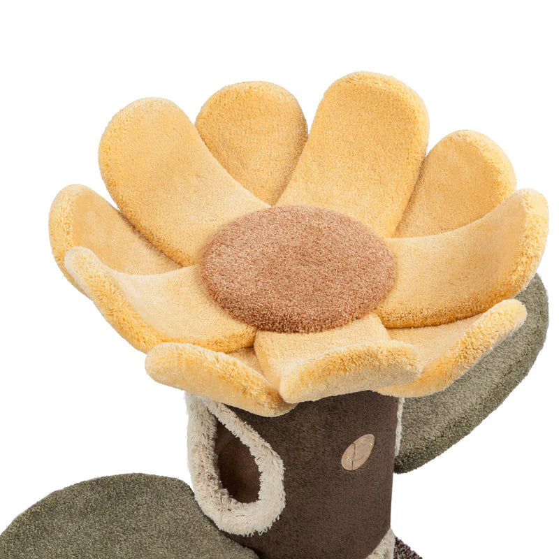 A close-up of the Camily Sunflower Cat Tree showcasing the incredibly soft, scratch-resistant nylon fiber velvet on the yellow flower platform and the cozy built-in tree hole hideaway.