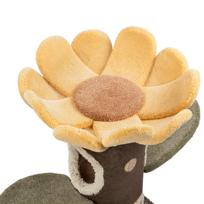 A close-up of the Camily Sunflower Cat Tree showcasing the incredibly soft, scratch-resistant nylon fiber velvet on the yellow flower platform and the cozy built-in tree hole hideaway.