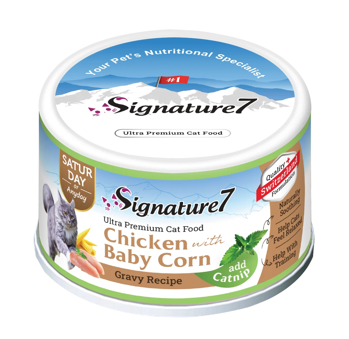 Signature7 Chicken with Baby Corn gravy wet cat food with catnip 70g can