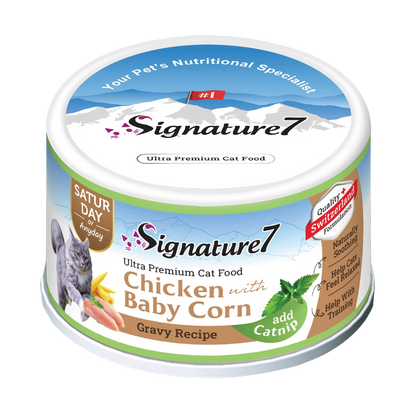 Signature7 Chicken with Baby Corn gravy wet cat food with catnip 70g can