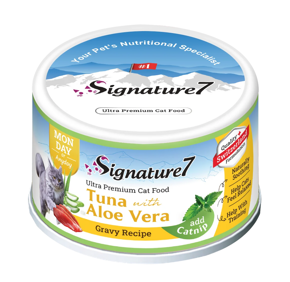 Signature7 Tuna with Aloe Vera gravy wet cat food with catnip 70g can