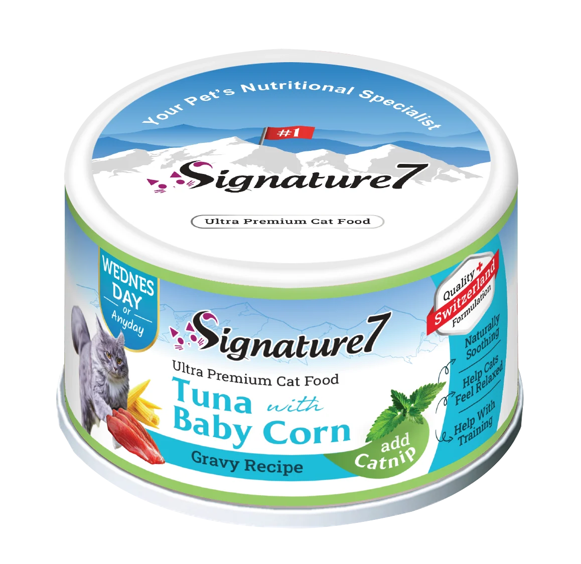 Signature7 Tuna with Baby Corn gravy wet cat food with catnip 70g can
