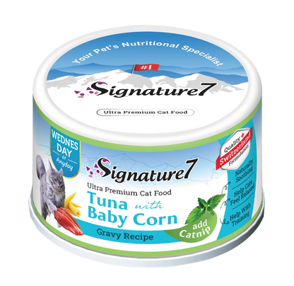 Signature7 Tuna with Baby Corn gravy wet cat food with catnip 70g can