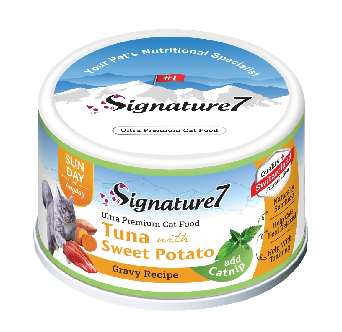 Signature7 Tuna with Sweet Potato gravy wet cat food with catnip 70g can