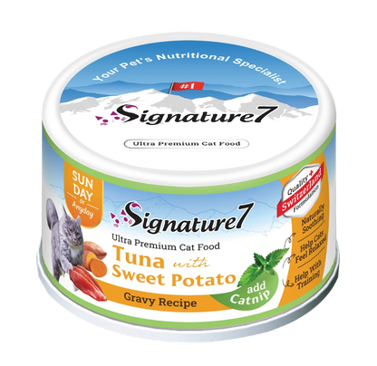 Signature7 Tuna with Sweet Potato gravy wet cat food with catnip 70g can