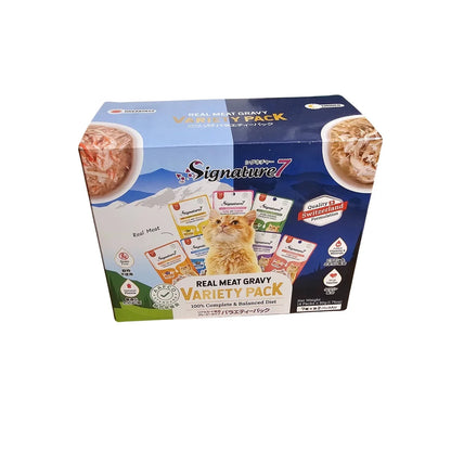 Signature7 Real Meat Gravy Variety Pack box containing fourteen 50g wet cat food pouches