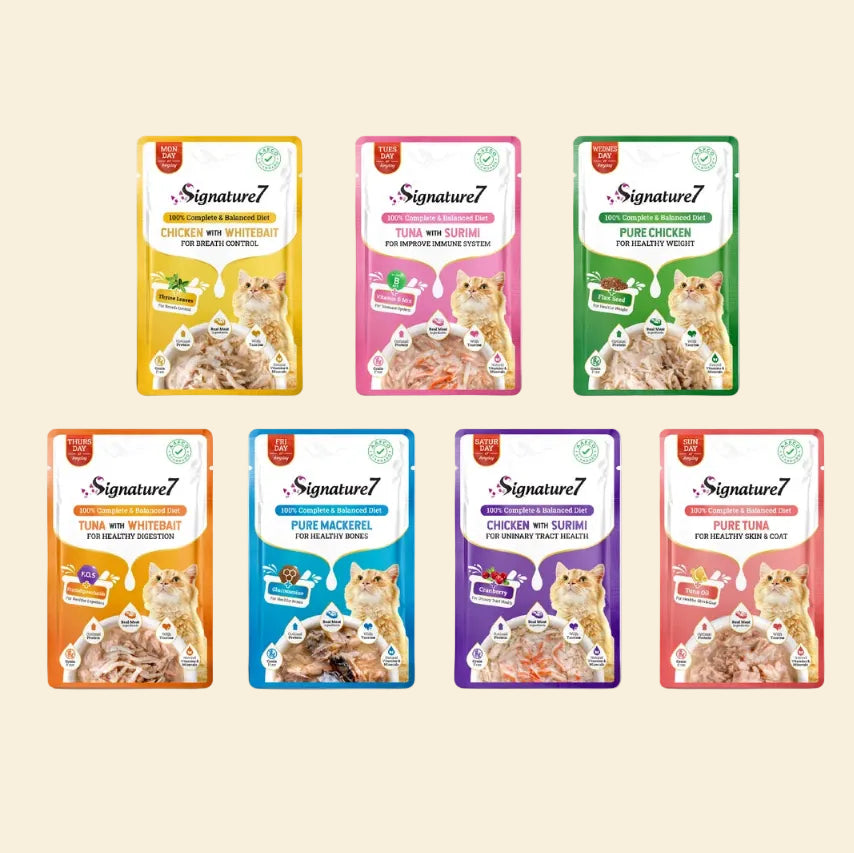 Seven Signature7 Real Meat Gravy wet cat food pouch recipes arranged by day