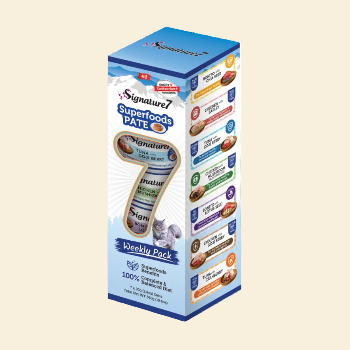 Signature7 Superfoods Pâté 7-Day Variety Pack with seven 80g wet cat food cans
