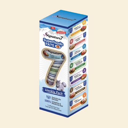 Signature7 Superfoods Pâté 7-Day Variety Pack with seven 80g wet cat food cans