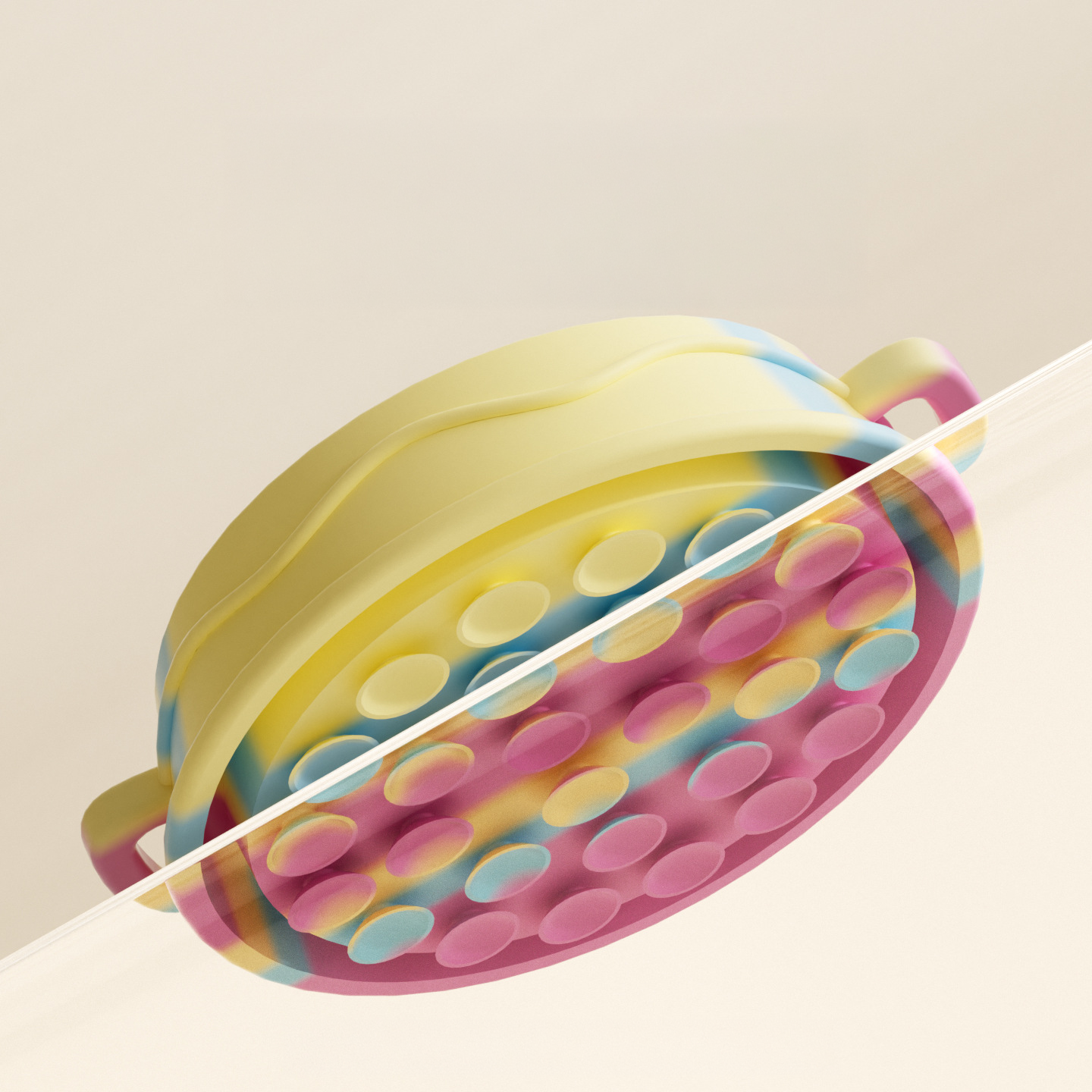 A bottom view of the pastel swirl silicone slow feeder bowl, highlighting the heavy-duty suction cups designed to keep the bowl firmly in place on hard floors or bathtub walls.
