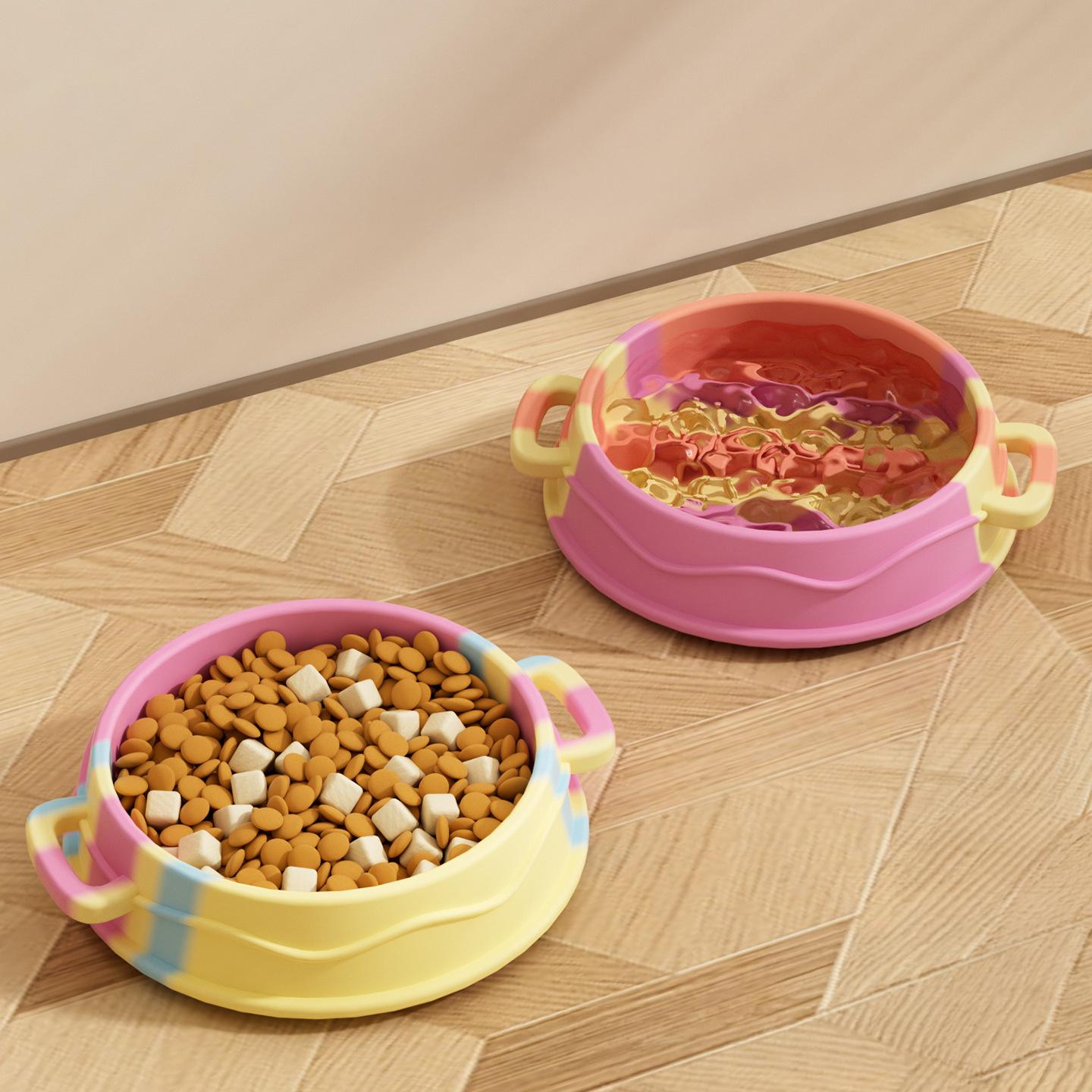 Two silicone slow feeder bowls on a wooden floor; one is filled with dry dog kibble and treats, while the other is spread with a wet food puree to demonstrate versatile feeding options.