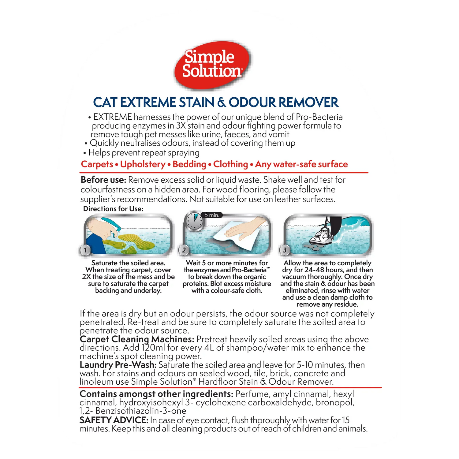 The back panel of the Simple Solution Cat Extreme bottle, detailing the step-by-step directions for use, surface compatibility, and safety advice for the Pro-Bacteria formula.