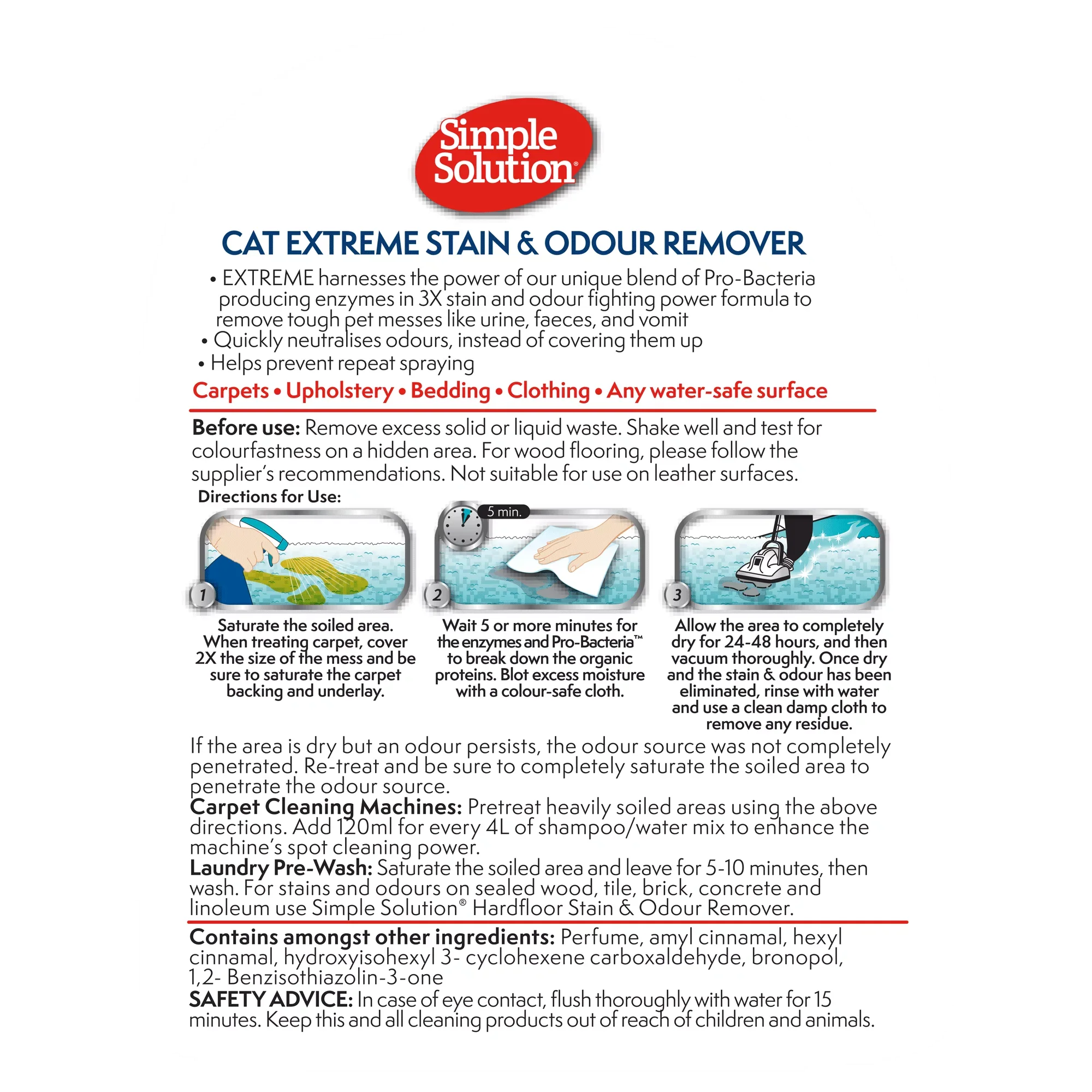 The back panel of the Simple Solution Cat Extreme bottle, detailing the step-by-step directions for use, surface compatibility, and safety advice for the Pro-Bacteria formula.