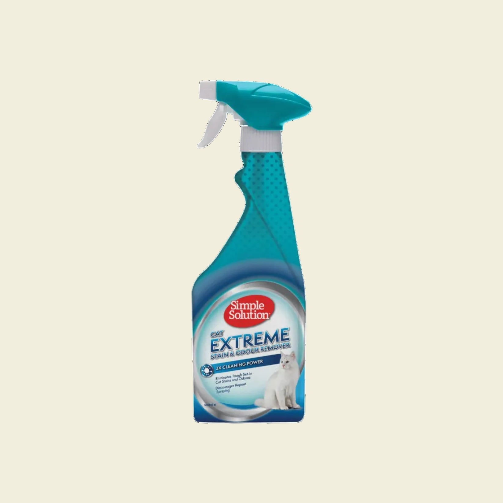 Front view of the 500ml Simple Solution Cat Extreme Stain &amp; Odour Remover spray bottle, featuring a white cat and highlighting its 3X cleaning power.