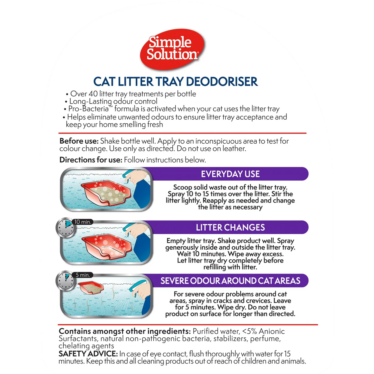 The back of the Simple Solution Cat Litter Tray Deodoriser bottle, showing the full label with instructions for everyday use and complete litter changes.