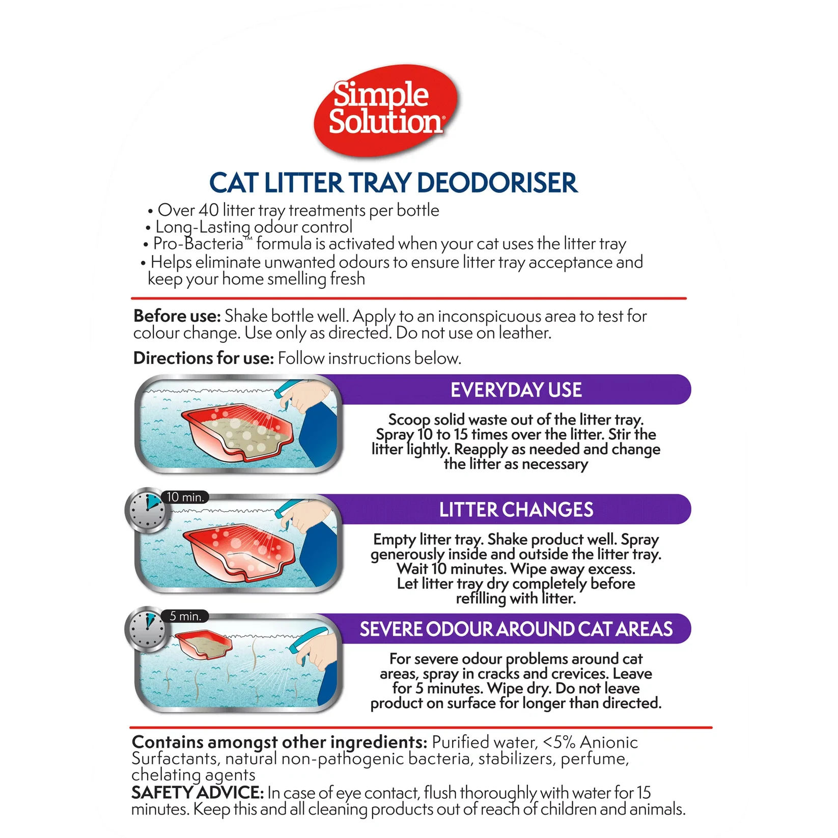 The back of the Simple Solution Cat Litter Tray Deodoriser bottle, showing the full label with instructions for everyday use and complete litter changes.