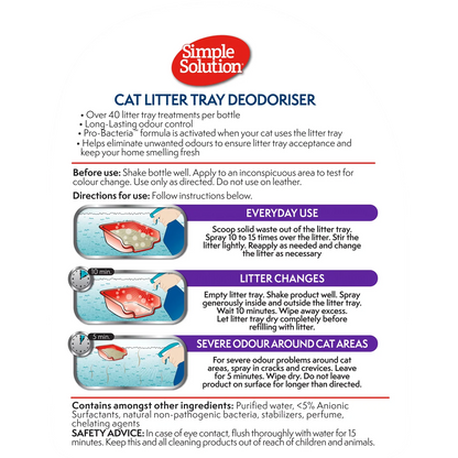 The back of the Simple Solution Cat Litter Tray Deodoriser bottle, showing the full label with instructions for everyday use and complete litter changes.
