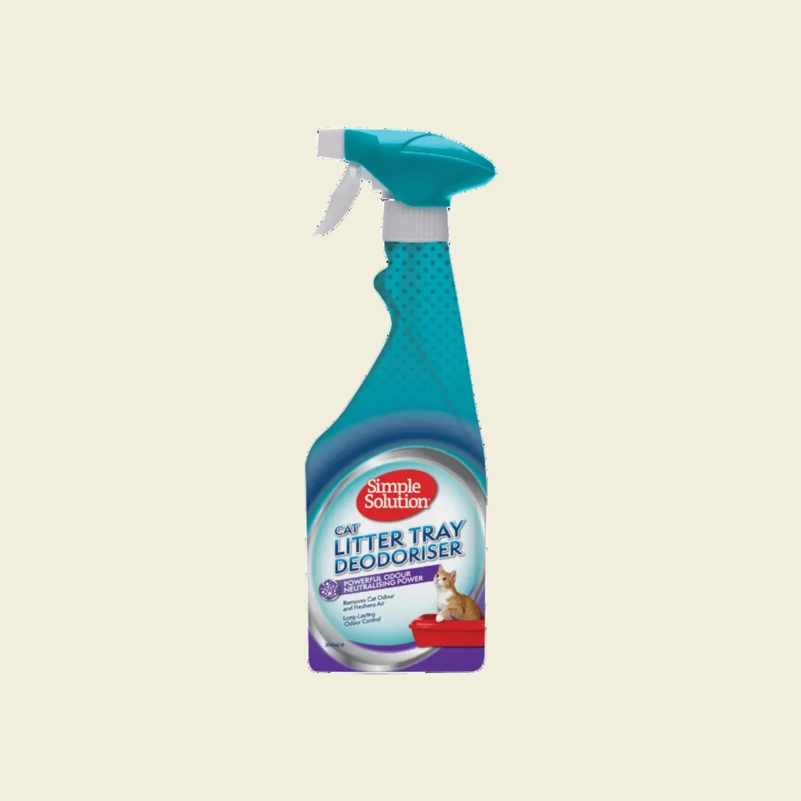 Front view of the 500ml Simple Solution Cat Litter Tray Deodoriser spray bottle, featuring an orange and white cat next to a red litter box, highlighting its powerful odour neutralising power.