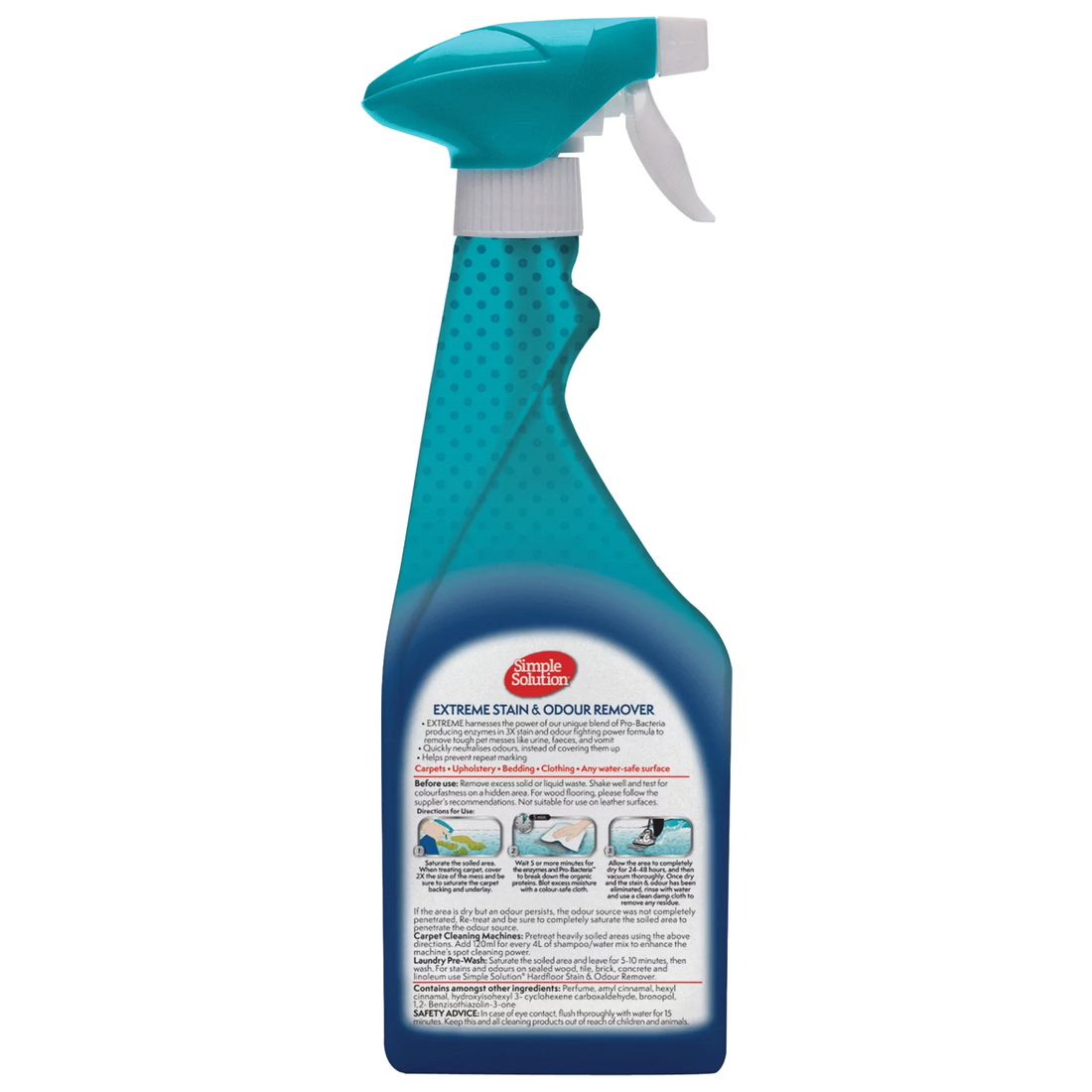 The back of the Simple Solution Extreme spray bottle, showing the Pro-Bacteria formula details and three-step directions for use.