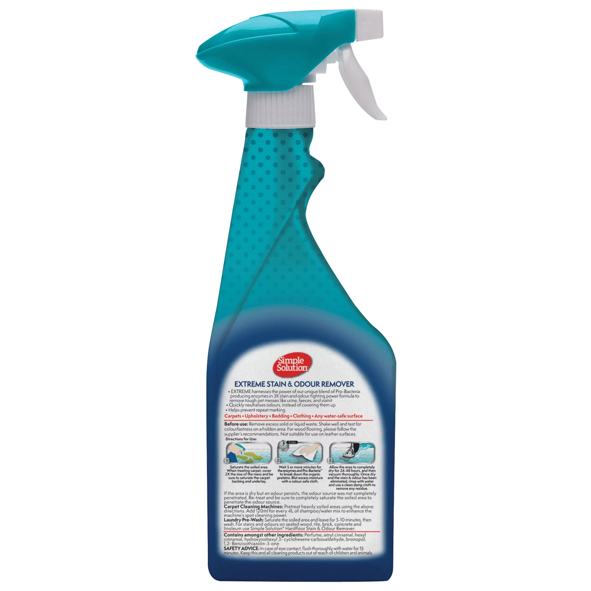 The back of the Simple Solution Extreme spray bottle, showing the Pro-Bacteria formula details and three-step directions for use.