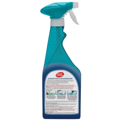 The back of the Simple Solution Extreme spray bottle, showing the Pro-Bacteria formula details and three-step directions for use.