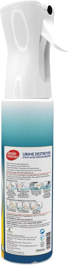 The back panel of the Simple Solution Urine Destroyer bottle, displaying detailed directions for use, surface compatibility, safety advice, and illustrated instructions on how to insert a refill bottle into the reusable Flairosol trigger.