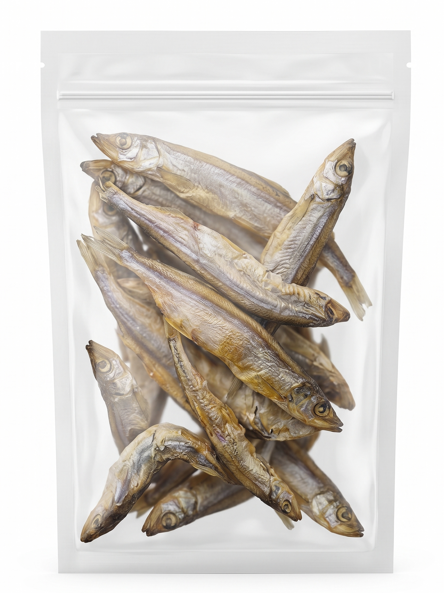 A transparent resealable pouch containing 50g of Freeze-Dried Capelin whole fish. Single-ingredient, hypoallergenic dog and cat rewards with no fillers or artificial preservatives.